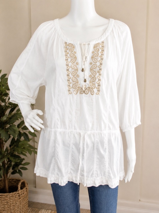 Alfani Tops - Alfani White Cotton Blouse with Gold Embroidery Size 16